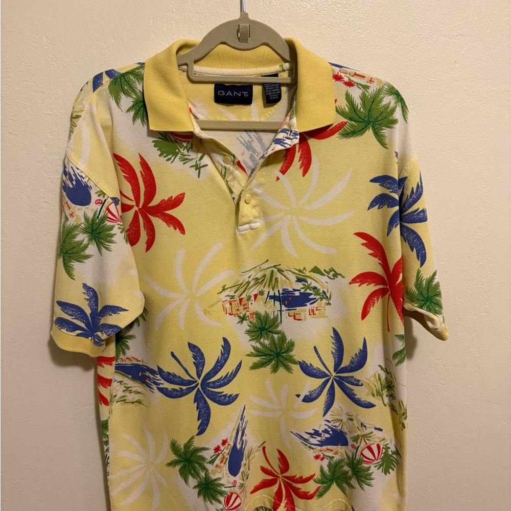 GANT Men's Yellow 100% Cotton Multicolor Tropical Party Polo Shirt